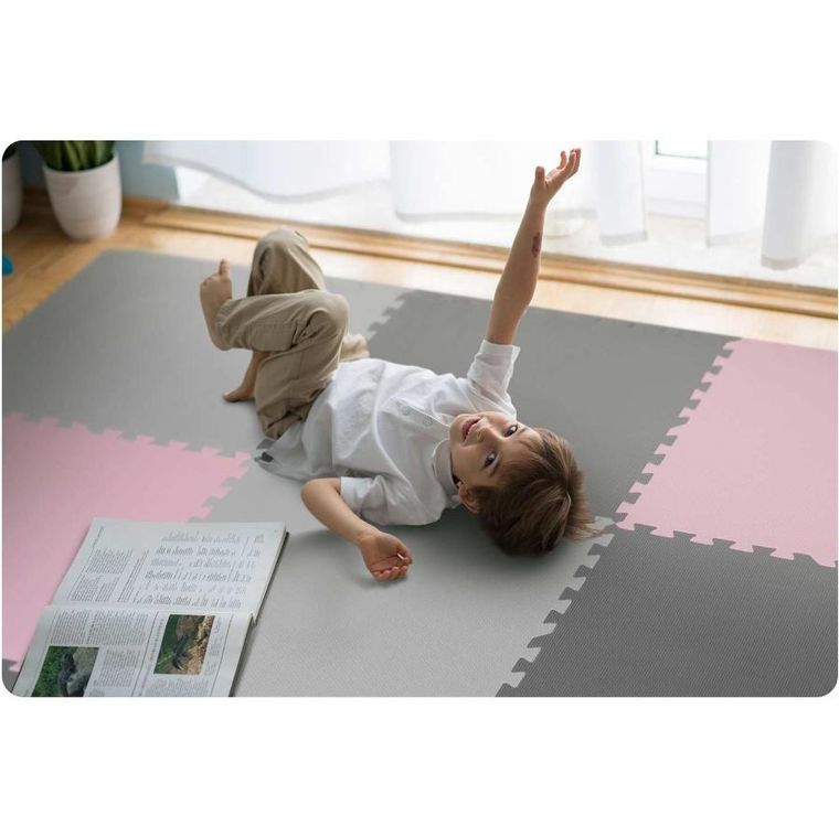 Ricokids, mata piankowa, puzzle, szaro-różowa, 9 elementów, 180-180 cm