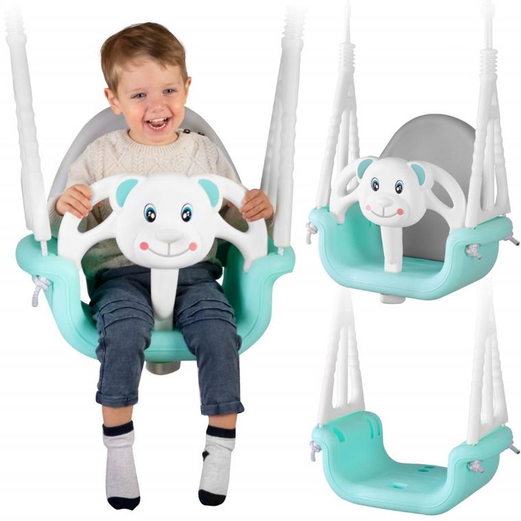 Ricokids, Miś, huśtawka kubełkowa, 3w1, turkusowo-szaro-biała