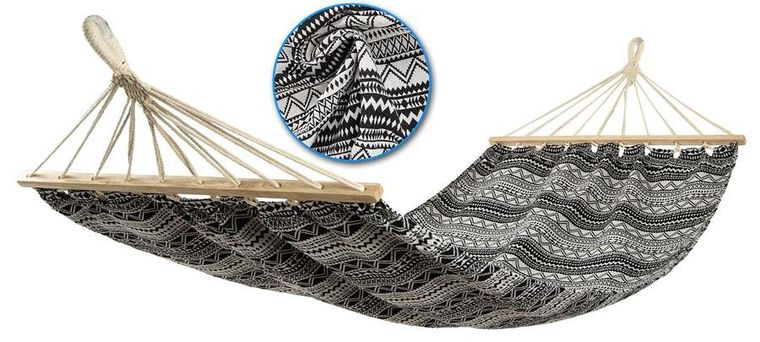Royokamp, Etno, hamak ogrodowy z drążkiem, 2 osobowy, czarno-biały, 200-147 cm