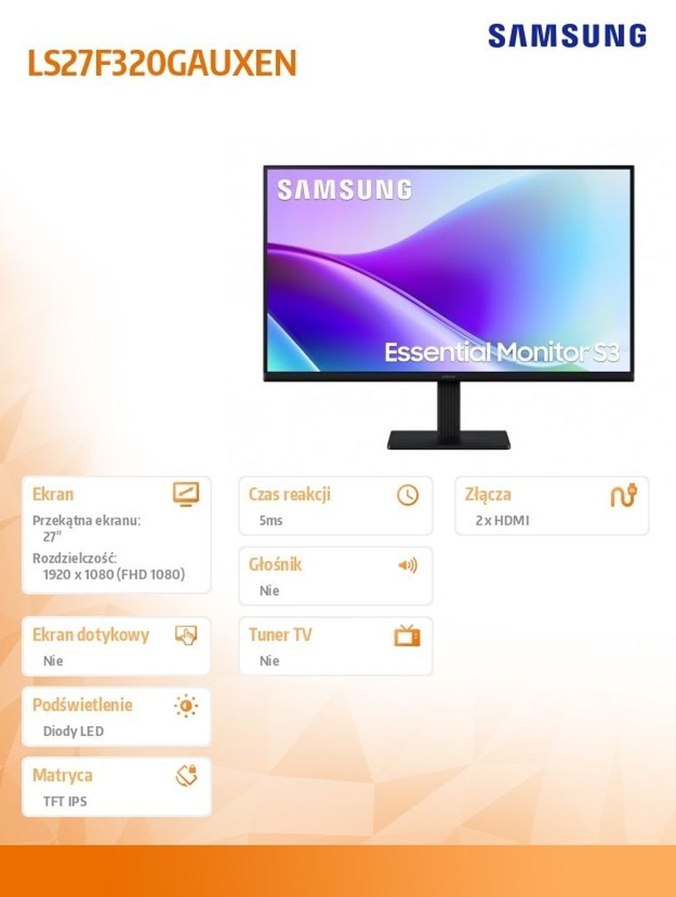 Samsung, monitor, 27", S32GF IPS, 1920-1080, FHD 16:9 2xHDMI 5ms, 120Hz, płaski 3YOn-Site, LS27F320GAUXEN