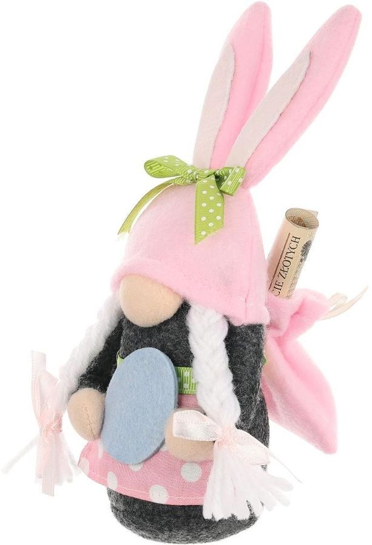 Saska Garden, dekoracja wiosenna, skrzat gnom, zajączek, z workiem na prezent, różowy, 20 cm