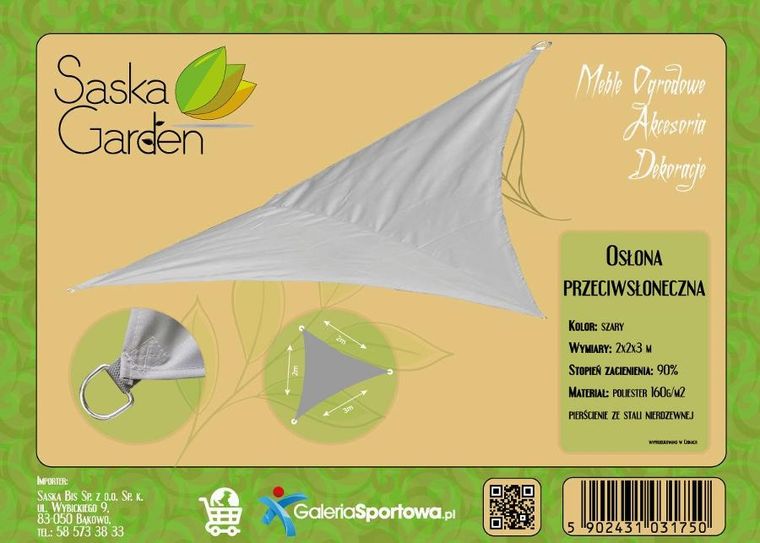 Saska Garden, żagiel przeciwsłoneczny ogrodowy, trójkąt, szary, 2-2-3m