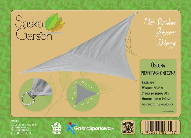 Saska Garden, żagiel przeciwsłoneczny, ogrodowy, trójkąt, szary, 3-3-2 m