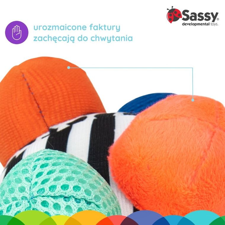Sassy, piłka z wypustkami, zabawka do wózka, 6m+