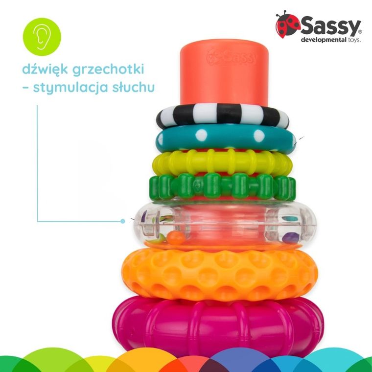 Sassy, piramidka z kółek, zabawka niemowlęca