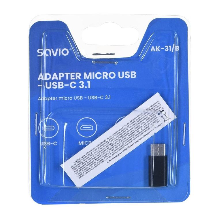 Savio, adapter, AK-31/B, Micro USB F, USB typu C M, czarny