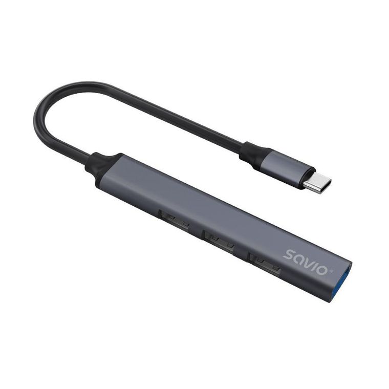 Savio, hub USB-C, 3xUSB-A 2.0, 1xUSB-A 3.0, szary