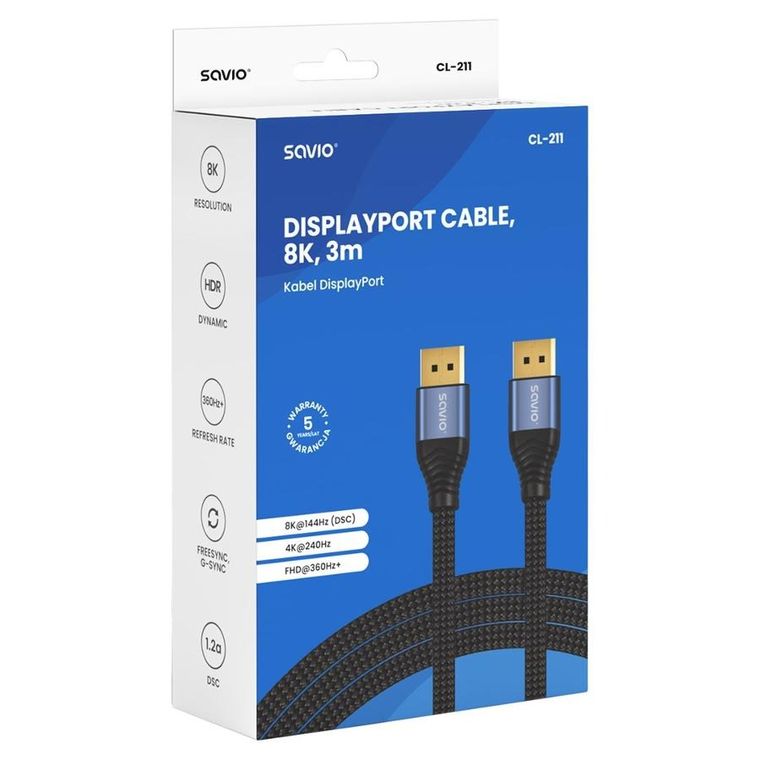 Savio, kabel, displayport, 2.1 3M CL-211