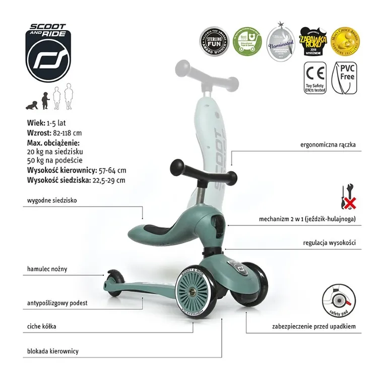 Scoot & Ride, Highwaykick 1, jeździk i hulajnoga 2w1, Forest