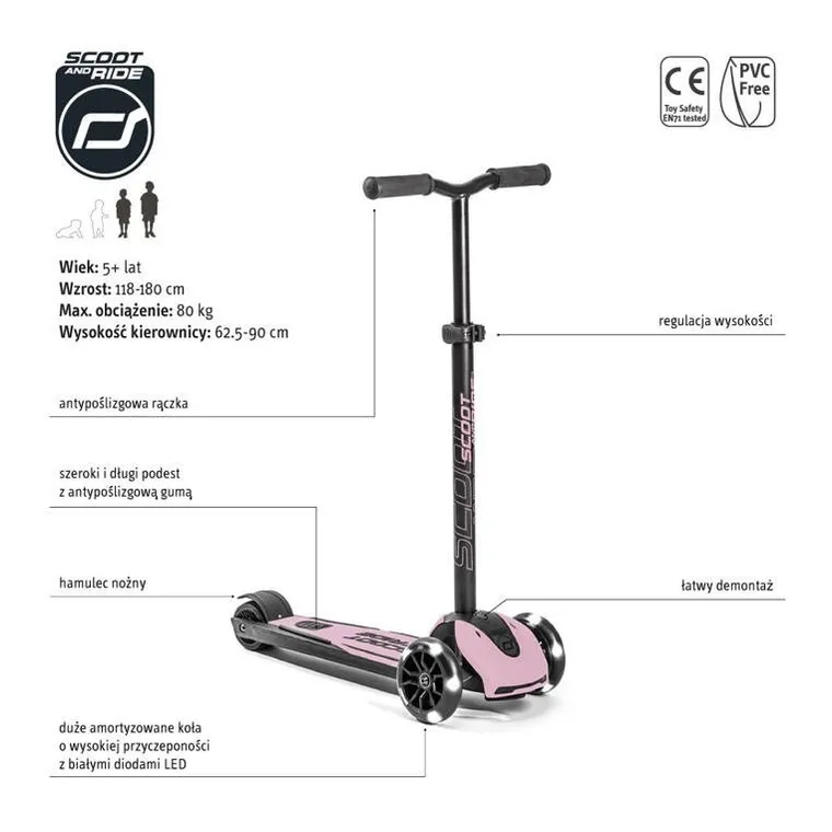 Scoot & Ride, Highwaykick 5 LED, hulajnoga 3-kołowa, balansowa, ze świecącymi kółkami, Rose