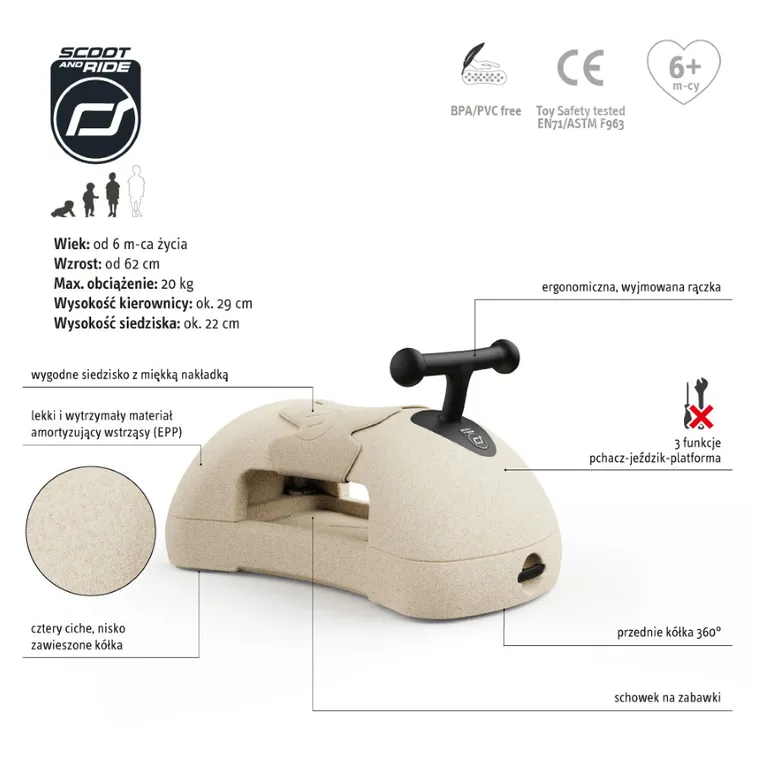 Scoot & Ride, My First, ewolucyjny jeździk pchacz, sand, 3w1
