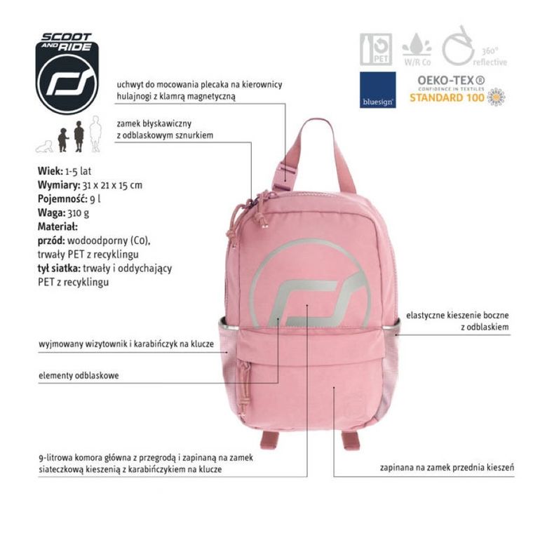 Scoot & Ride, plecak na hulajnogę, Rose, 9l