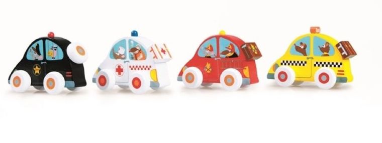 Scratch, drewniane samochody, zestaw, 4 szt.