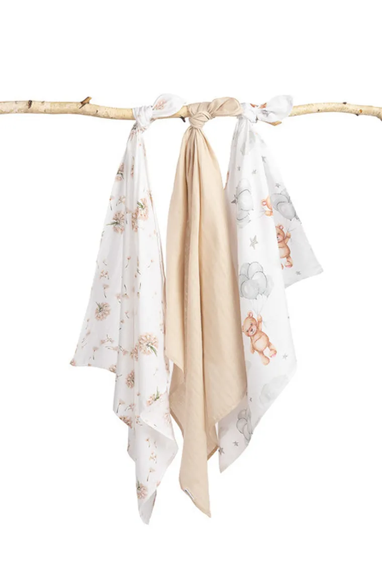 Sensillo, miś, pieluszka muślinowa, 70-80 cm, 3 szt.