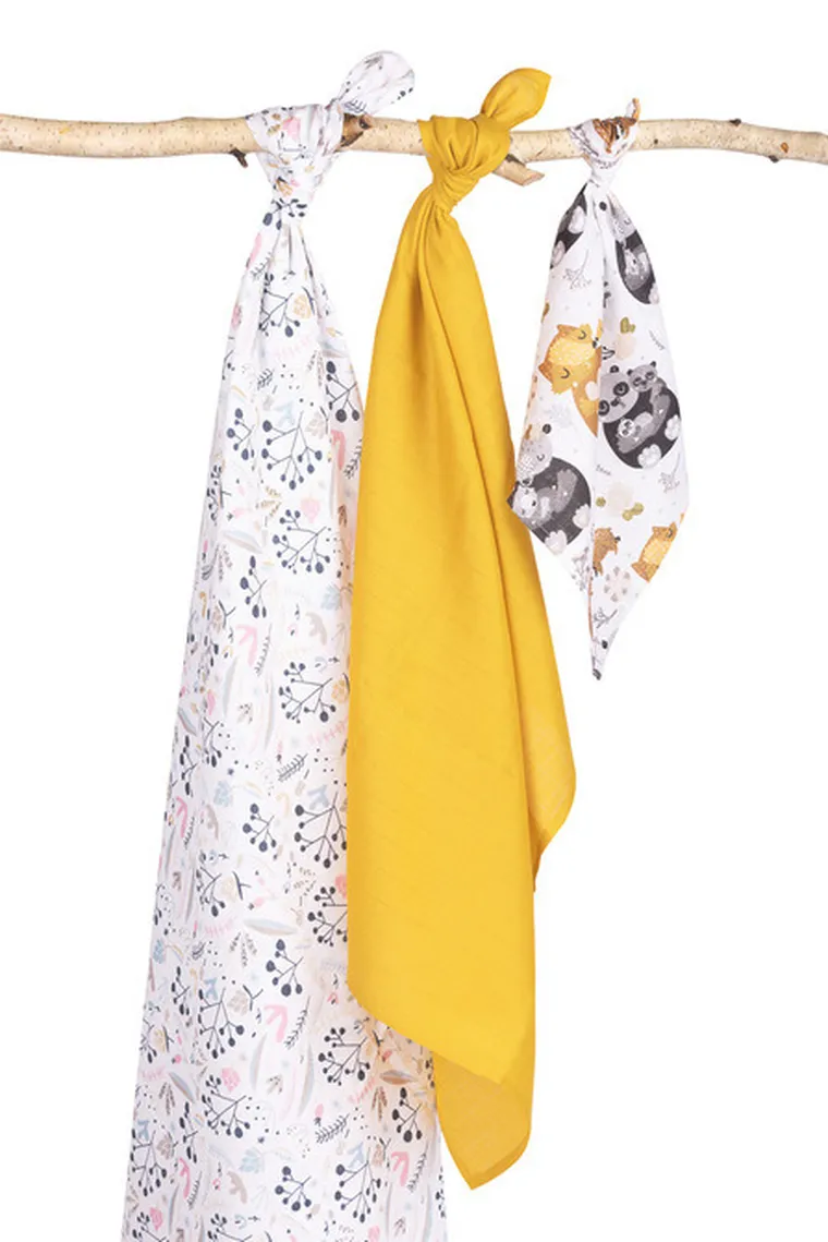 Sensillo, pieluchy muślinowe, leśne zwierzątka, 38-38 cm, 60-80 cm, 120-120 cm, 3 szt.