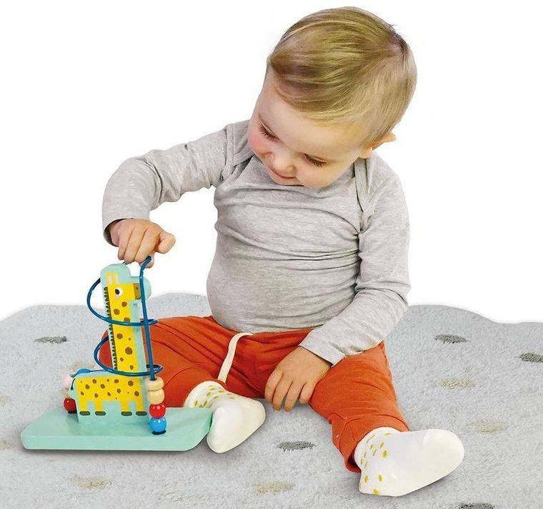 SES Creative, drewniana żyrafa, labirynt koralików