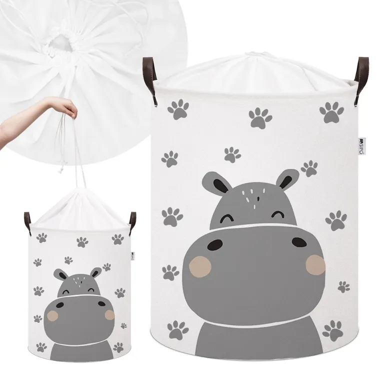 Sipo, kosz na zabawki XL, bawełniany, wodoodporny, zamykany na ściągacz, Hippo
