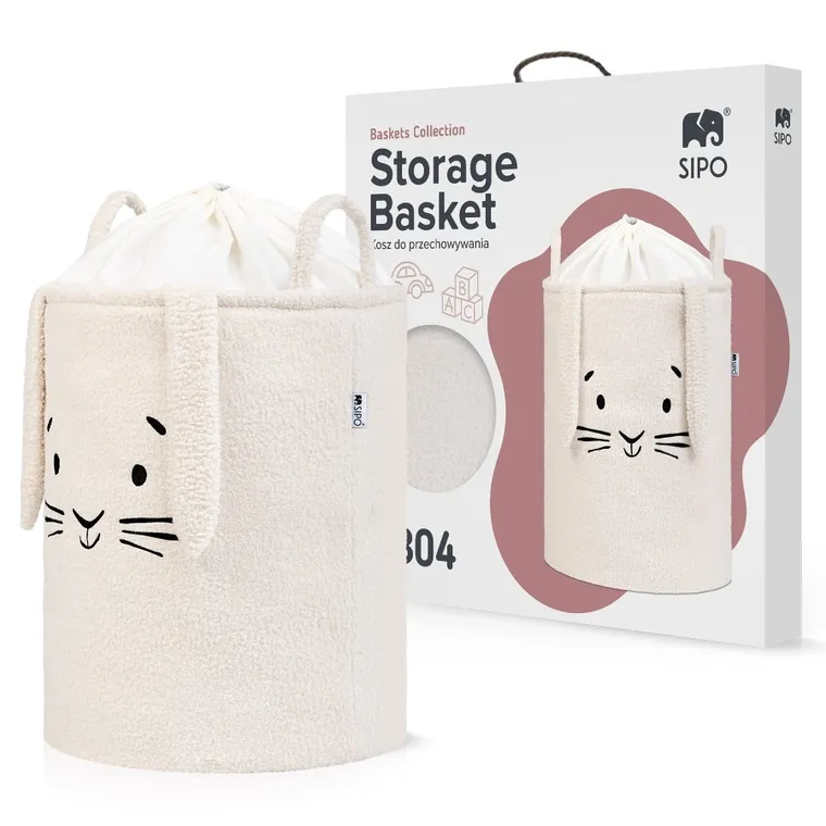 Sipo, Królik, kosz na zabawki XL, premium boucle, zamykany na ściągacz, kremowy