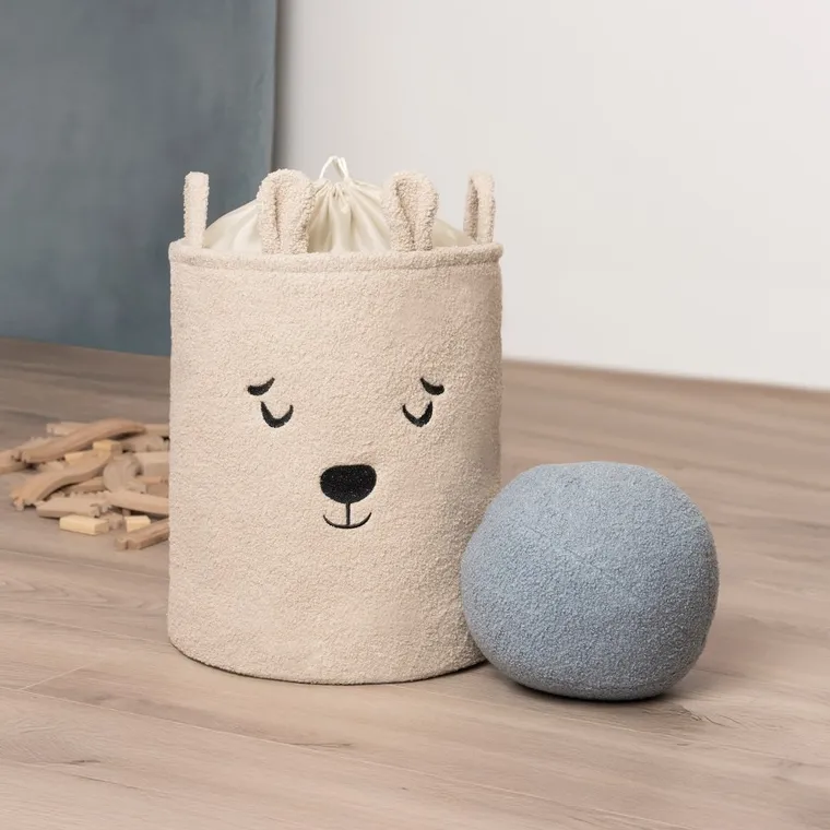 Sipo, Miś, kosz na zabawki XL, premium boucle, zamykany na ściągacz, beżowy
