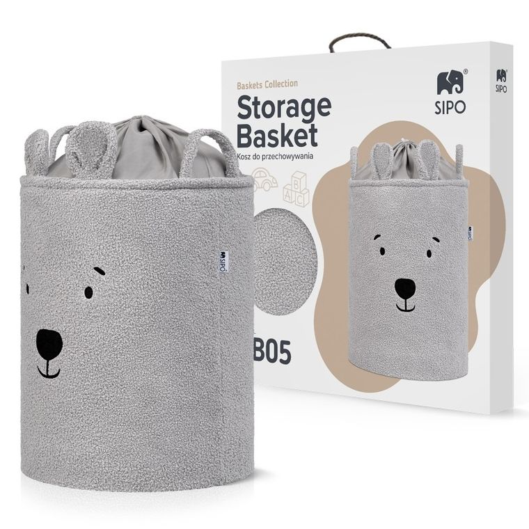 Sipo, Miś, kosz na zabawki XL, premium boucle, zamykany na ściągacz, szary
