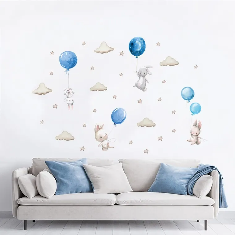 Sipo, naklejki na ścianę do pokoju dziecięcego, Króliczki i niebieskie balony