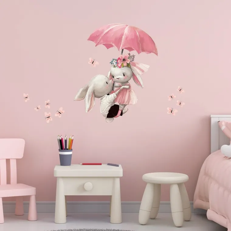 Sipo, naklejki na ścianę do pokoju dziecięcego, Króliczki pod parasolem