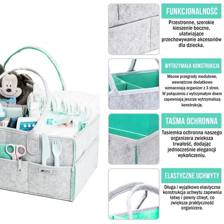 Sipo, organizer na pieluszki i akcesoria niemowlęce dla mamy i dziecka, szaro-miętowy