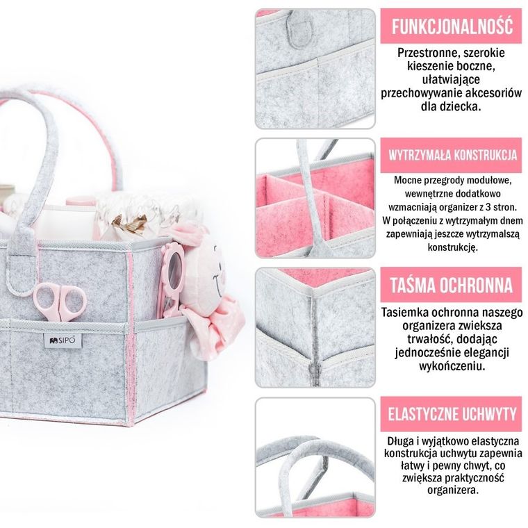 Sipo, organizer na pieluszki i akcesoria niemowlęce dla mamy i dziecka, szaro-różowy