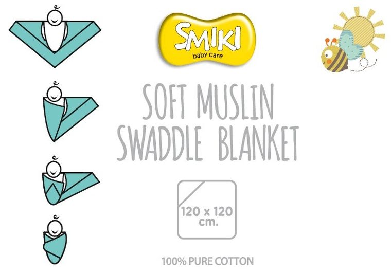 Smiki, Soft Muslin Swaddle Blanket, Ice, kocyk muślinowy, 120-120 cm
