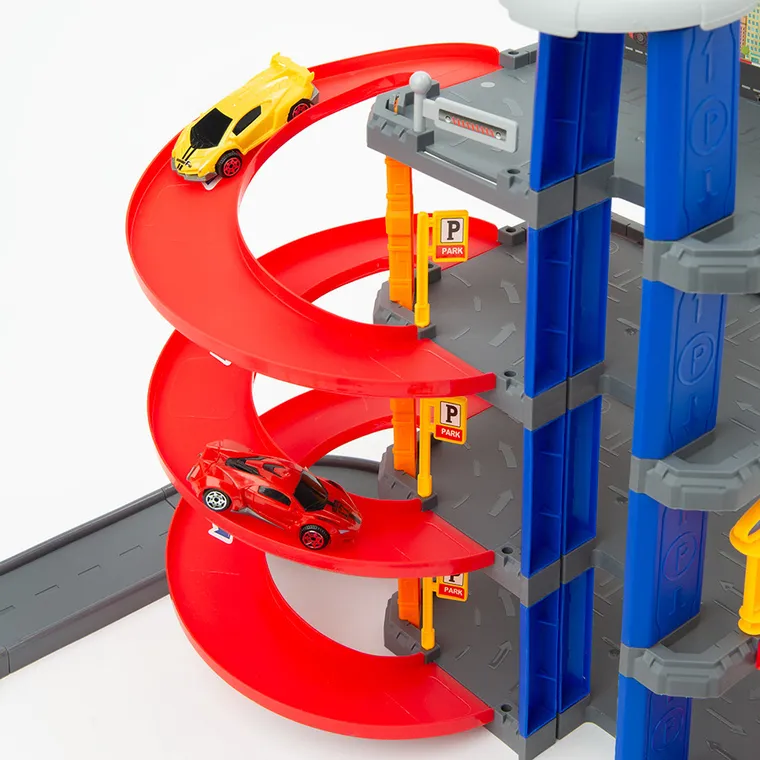 Smiki, tor wyścigowy z parkingiem i windą, zestaw z pojazdami, 68 elementów