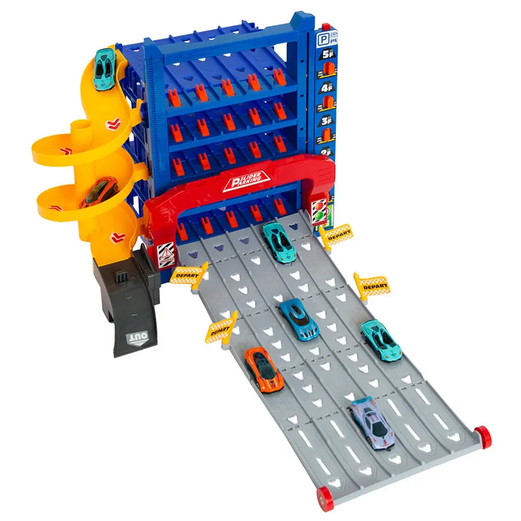 Smiki, wielopoziomowy parking ze zjeżdzalnią i pojazdami