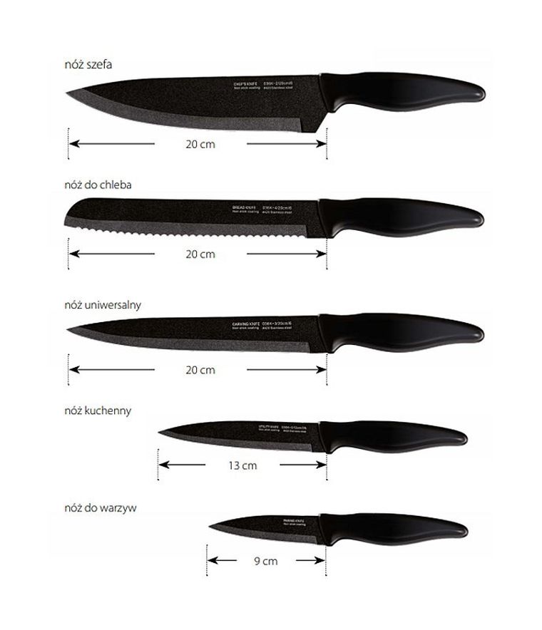 Smile, zestaw noży w bloku, czarny, 6 elementów