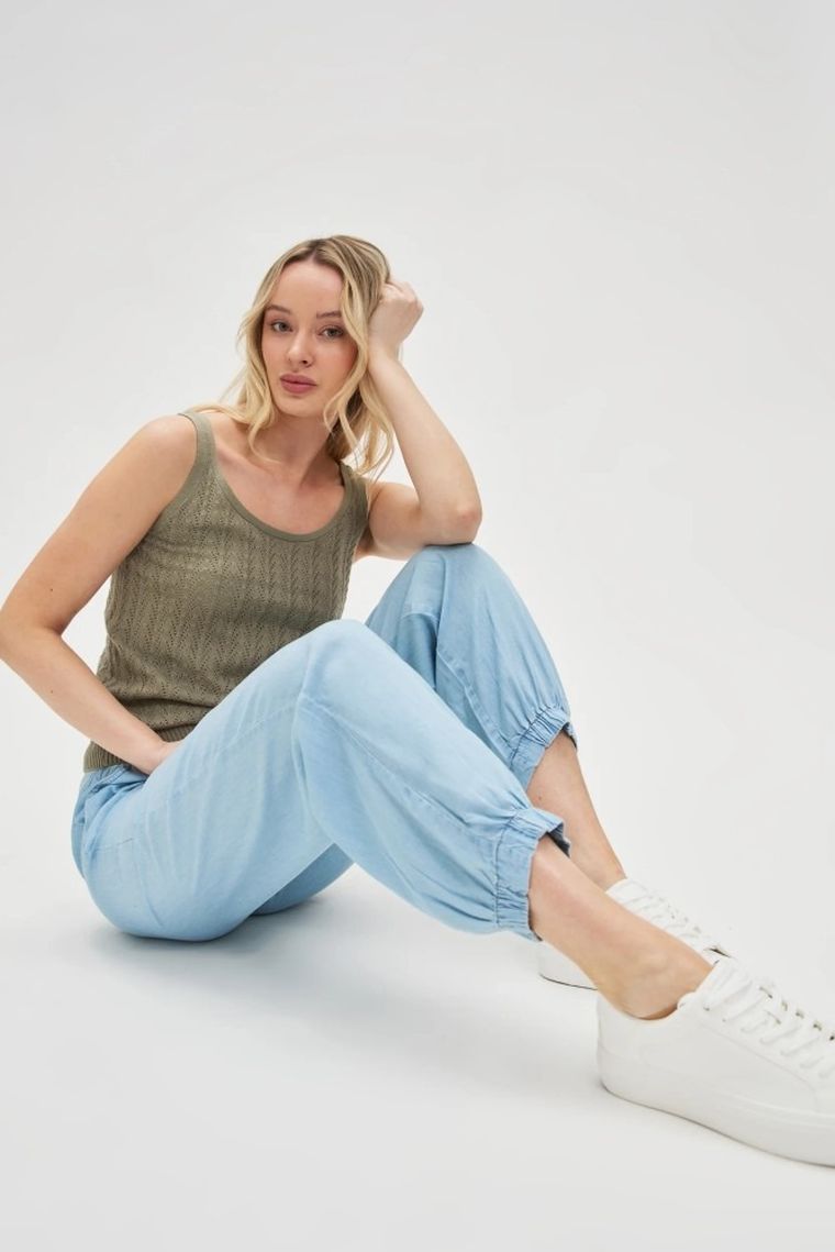 Spodnie materiałowe damskie, niebieskie, Moodo