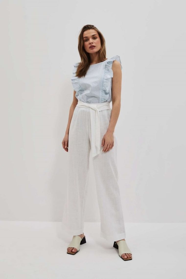 Spodnie materiałowe damskie z lnem, białe, Moodo
