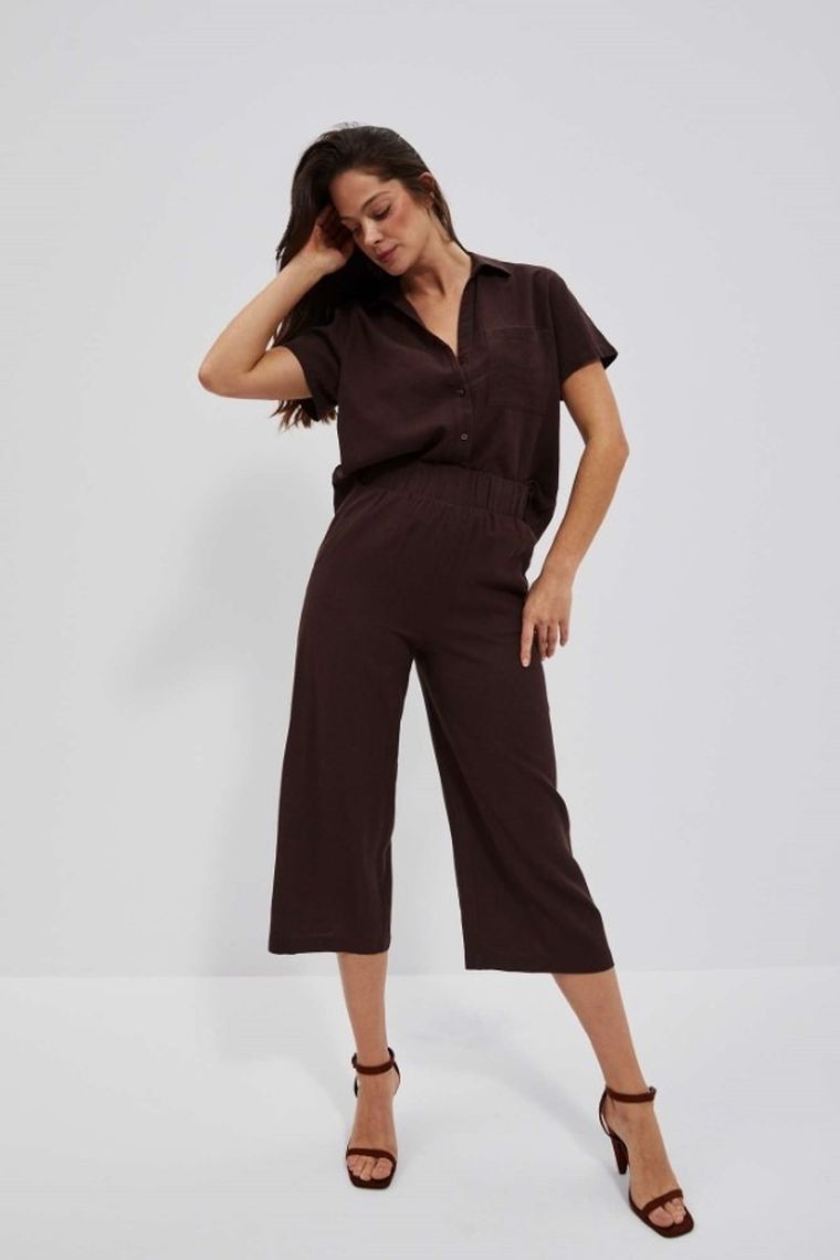 Spodnie materiałowe damskie z lnem, brązowe, Moodo