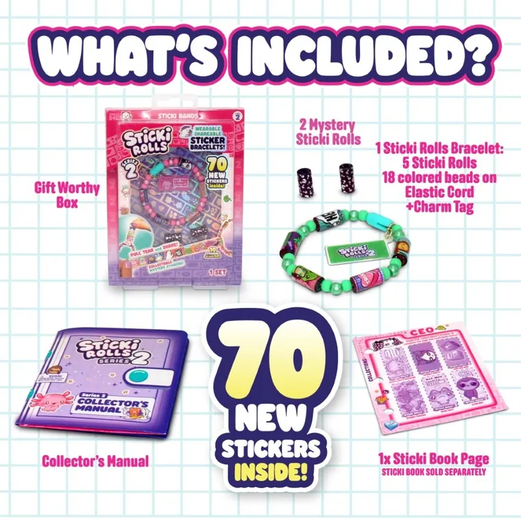 Sticki Rolls, Bransoletki z rolkami, zestaw z naklejkami kolekcjonerskimi, 70 elementów