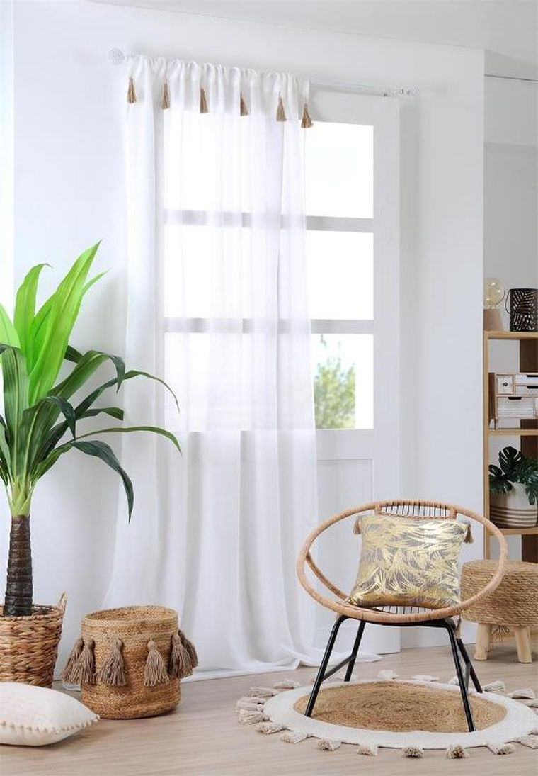 Stof, firana, Ibiza, z dekoracyjnymi chwostami, 140-260 cm