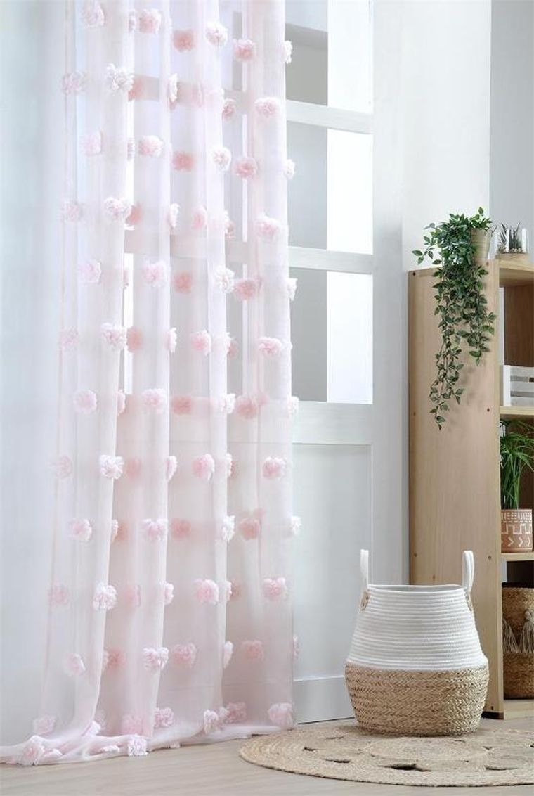 Stof, firana Pompinou, pudrowy róż, pompony, 135-260 cm