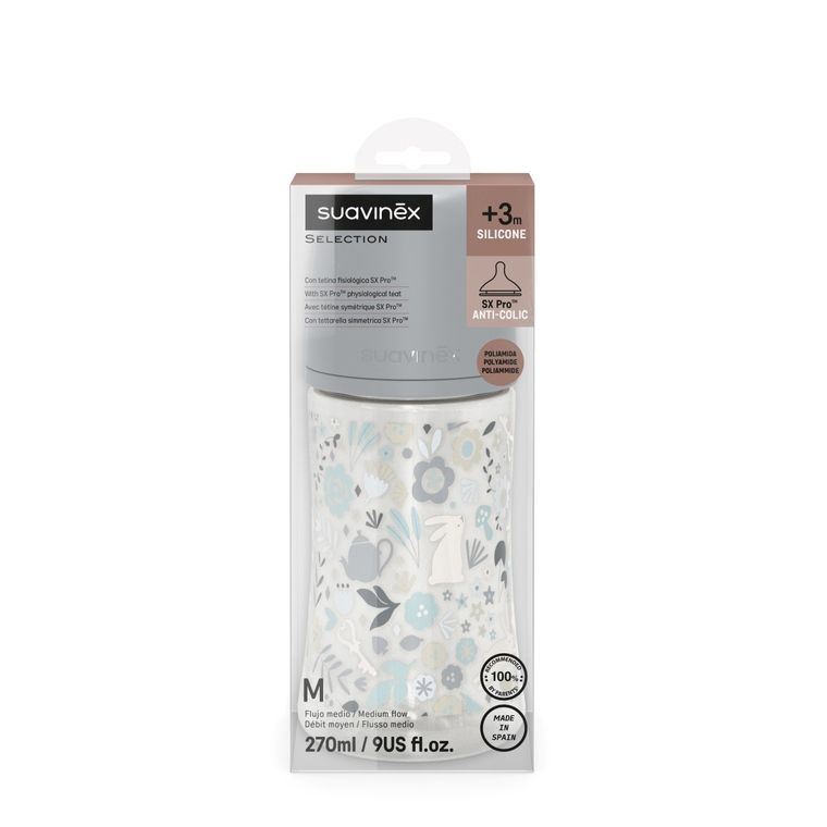 Suavinex, Premium, butelka, niebieska 270 ml, Butelka 270 ml, SX Pro, smoczek fizjologiczny, średni przepływ