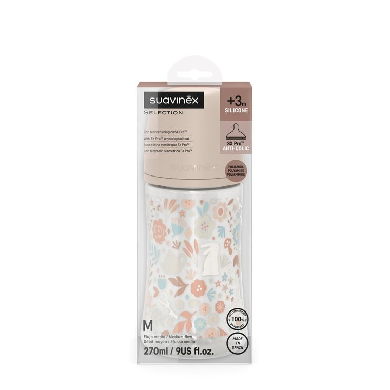 Suavinex, Premium, butelka, różowa 270 ml, Butelka 270 ml, SX Pro, smoczek fizjologiczny, średni przepływ