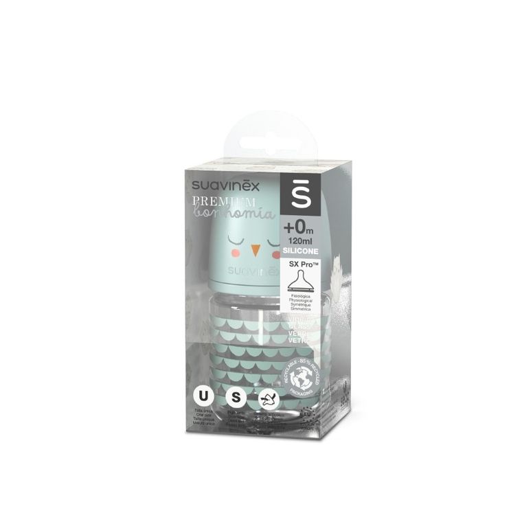 Suavinex, SX Pro, Bonhomia, Sowa, butelka szklana, przepływ wolny, mięta, 120 ml