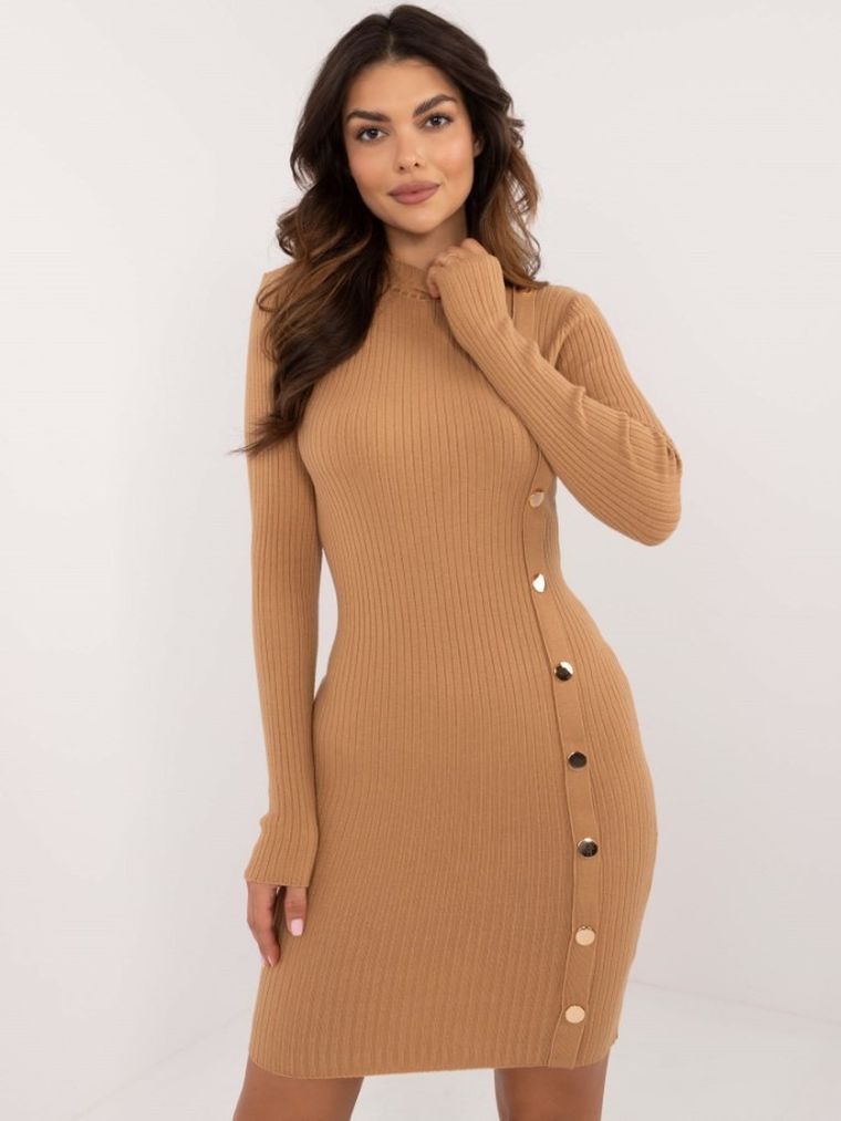 Sukienka damska, prążkowana, beżowa, Italy Moda