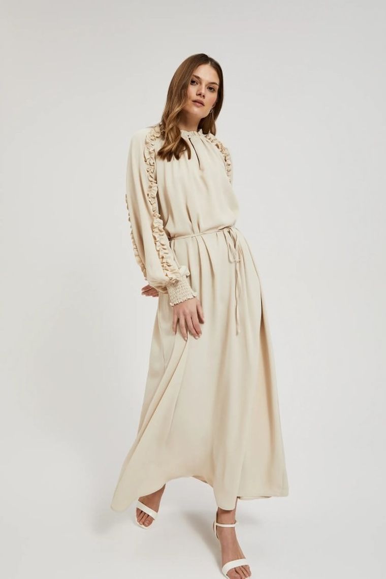 Sukienka damska z długim rękawem, beżowa, Moodo