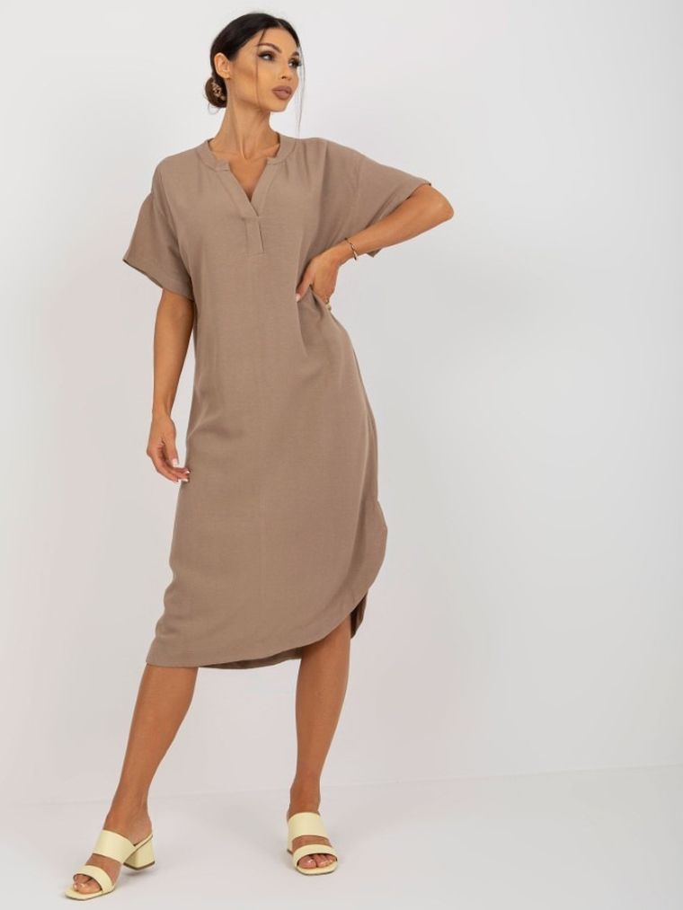 Sukienka damska z krótkim rękawem, beżowa, Och Bella