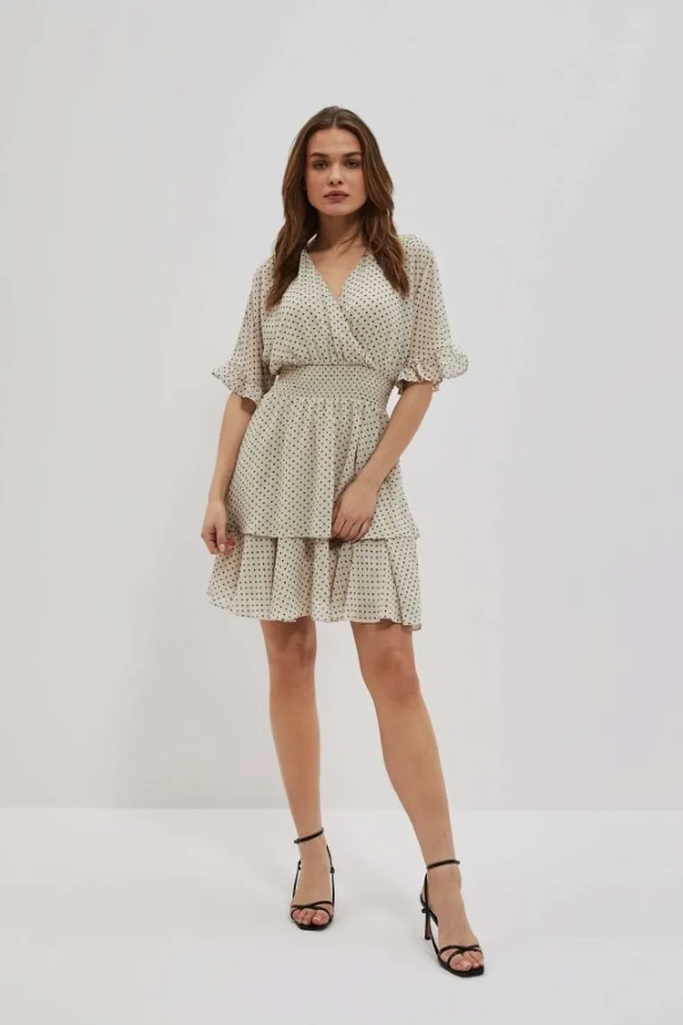 Sukienka damska, z lnem, beżowa, Moodo