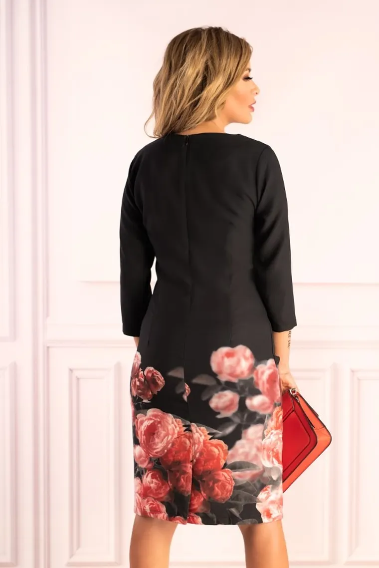 Sukienka damska z rękawem 3/4, czarna, kwiaty, Merribel