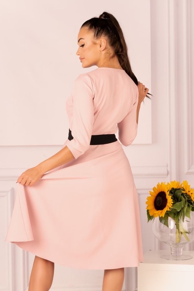 Sukienka damska z rękawem 3/4, jasnoróżowa, kokarda, Miramen, Merribel
