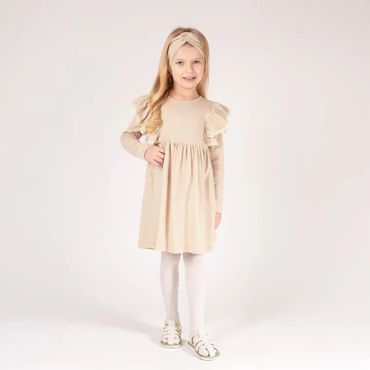 Sukienka dziewczęca z długim rękawem, beżowa, Nicol