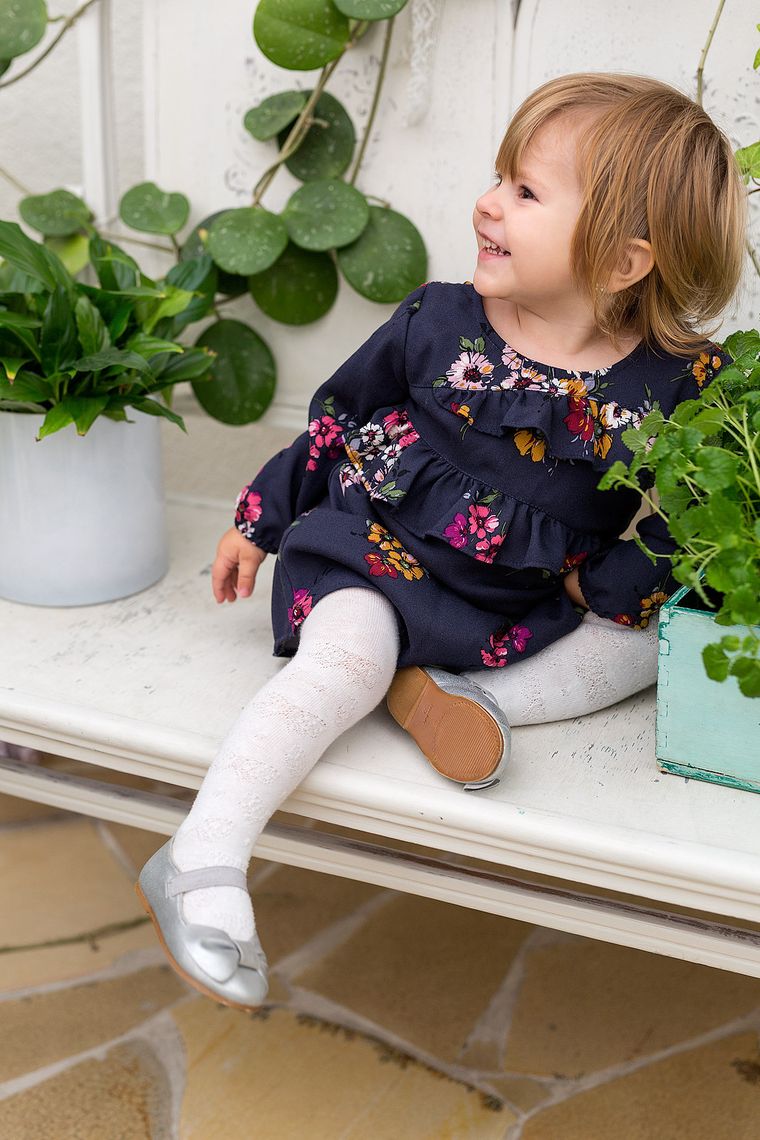 Sukienka dziewczęca z długim rękawem, granatowa, kwiaty, Eevi