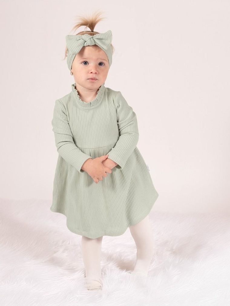 Sukienka dziewczęca z długim rękawem, prążkowana, zielona, Nicol